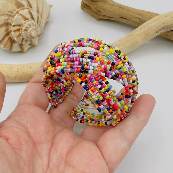 Colorful Multi-Strand Seed Bead Cuff Bracelet-Boho Festival Jewelry - Picture 5 of 5